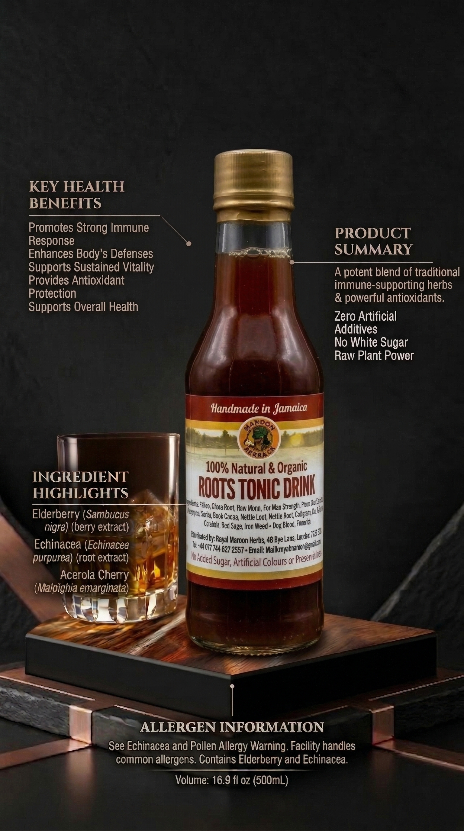 Roots Tonic Drink labelled bottle